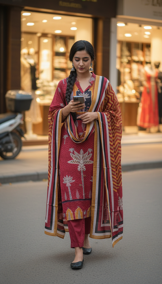 Red and Mustard Jharokha Motif Pure Muslin Suit Set with Muslin Dupatta