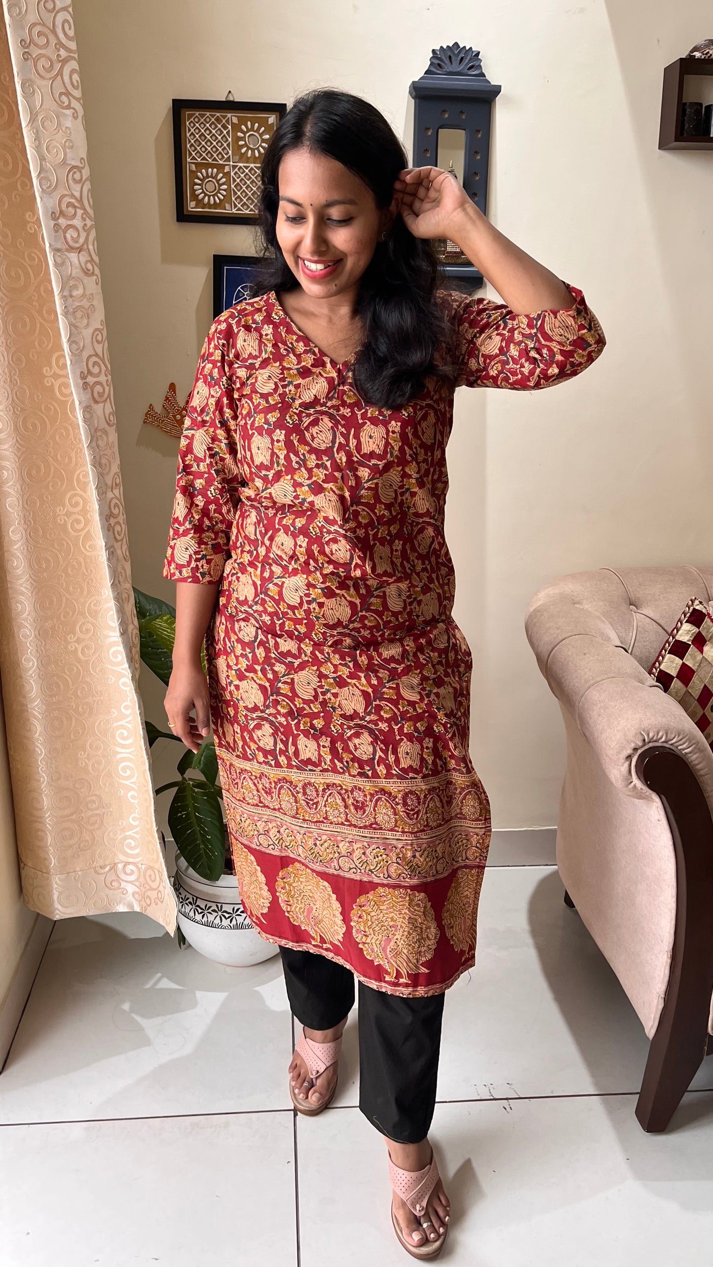 Rust Red Kalamkari Print Pure Cotton Kurti