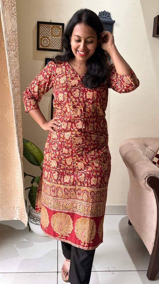 Rust Red Kalamkari Print Pure Cotton Kurti