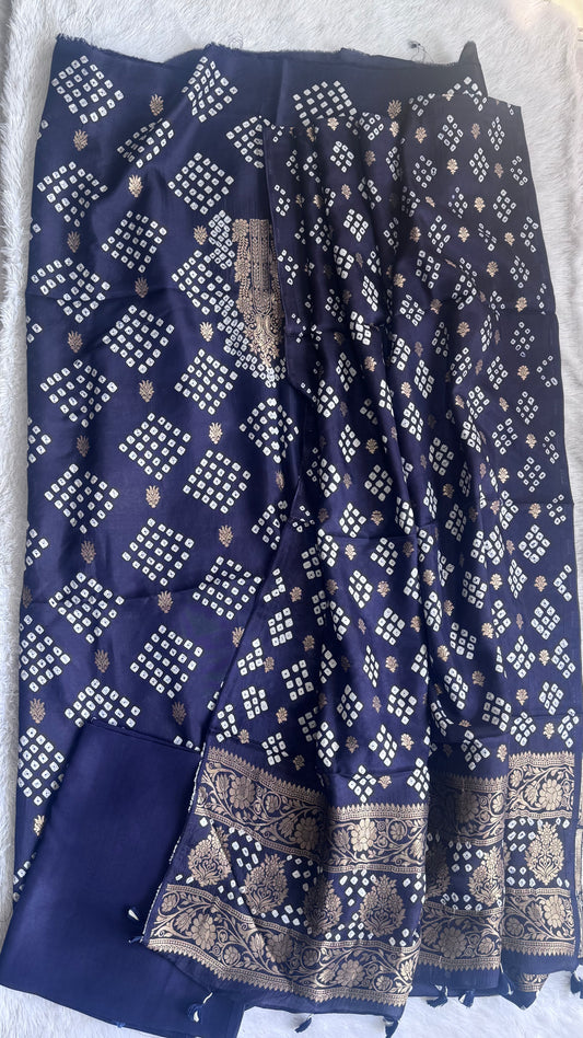 Navy Blue  Raidana Bandhej Pure Dola Silk Ajrakh Hand Block Print 3 pc Suit Material Set with Menakari Yoke and Nakkashi Dupatta and Bottom