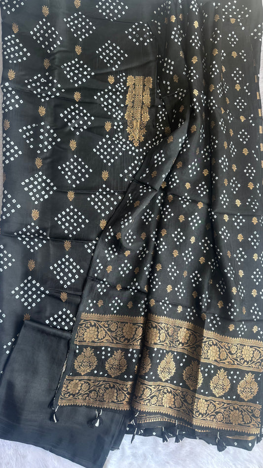 Gorgeous Black Raidana Bandhej Pure Dola Silk Ajrakh Hand Block Print 3 pc Suit Material Set with Menakari Yoke and Nakkashi Dupatta and Bottom