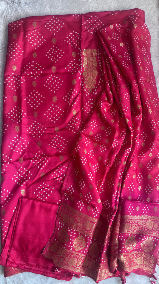 Pretty Pink Raidana Bandhej Pure Dola Silk Ajrakh Hand Block Print 3 pc Suit Material Set with Menakari Yoke and Nakkashi Dupatta and Bottom