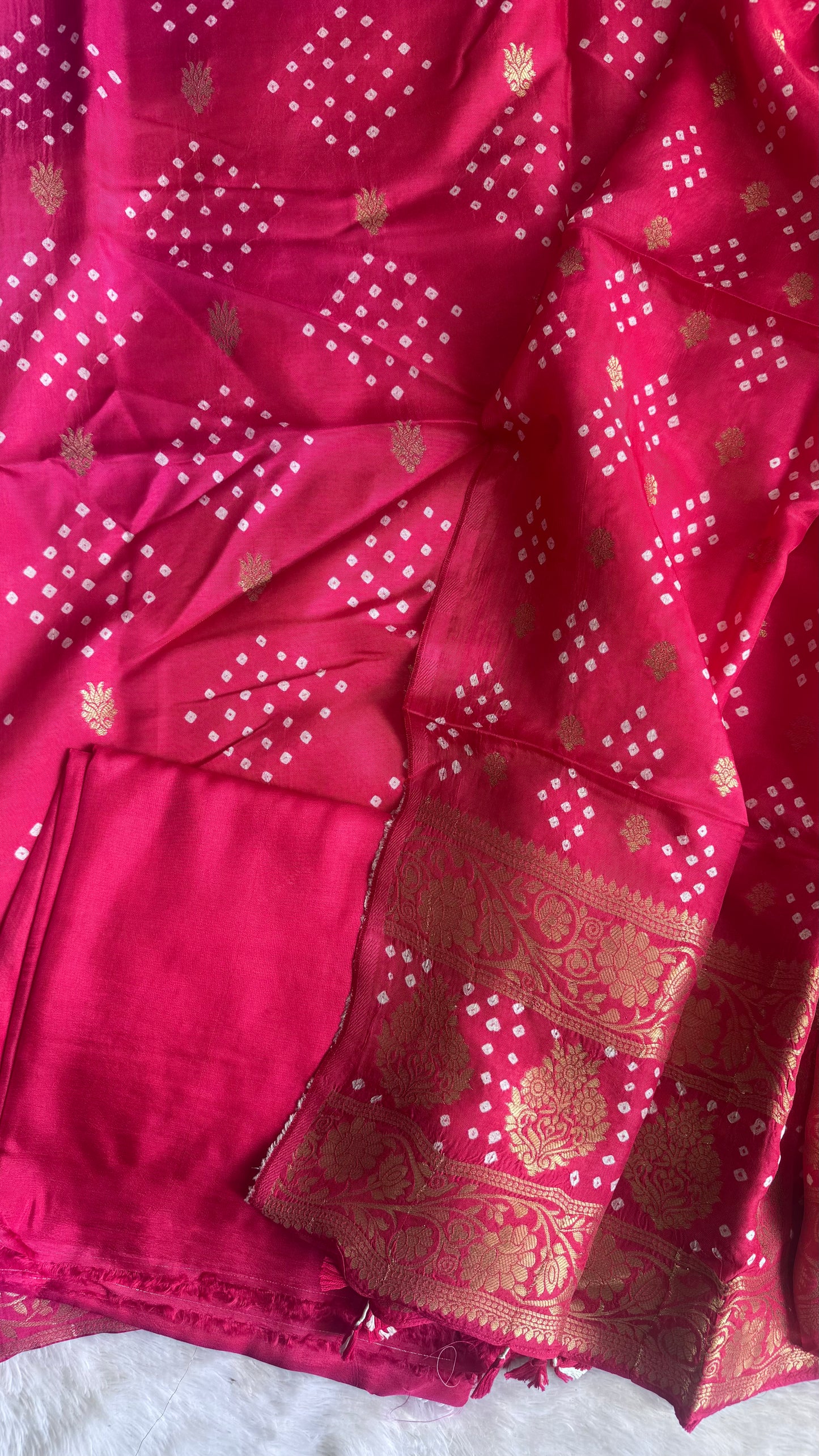 Pretty Pink Raidana Bandhej Pure Dola Silk Ajrakh Hand Block Print 3 pc Suit Material Set with Menakari Yoke and Nakkashi Dupatta and Bottom