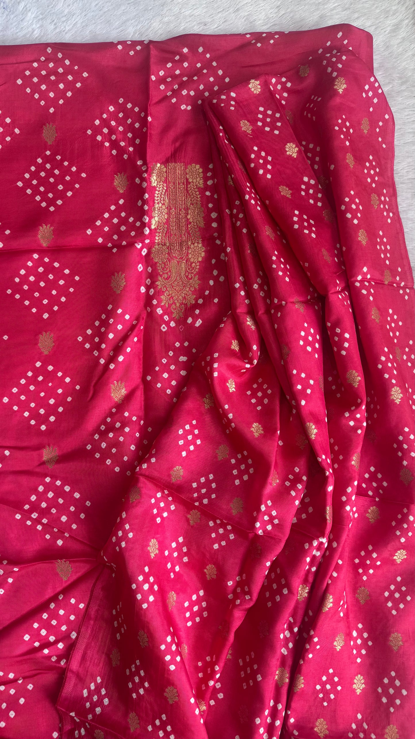 Pretty Pink Raidana Bandhej Pure Dola Silk Ajrakh Hand Block Print 3 pc Suit Material Set with Menakari Yoke and Nakkashi Dupatta and Bottom