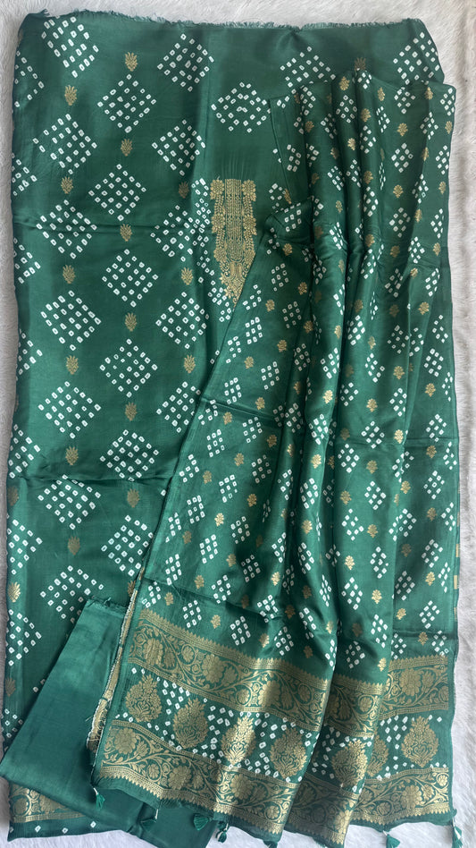Sea Green Raidana Bandhej Pure Dola Silk Ajrakh Hand Block Print 3 pc Suit Material Set with Menakari Yoke and Nakkashi Dupatta and Bottom