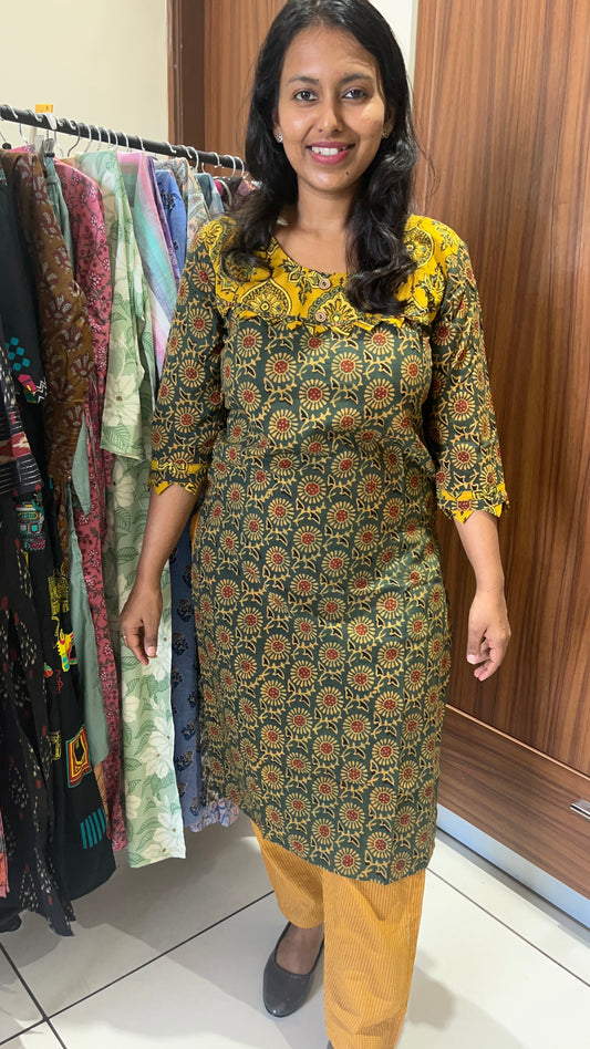 Green and Mustard Ajrakh Print Kurta with Applique Cut Work Kurta Pant Set