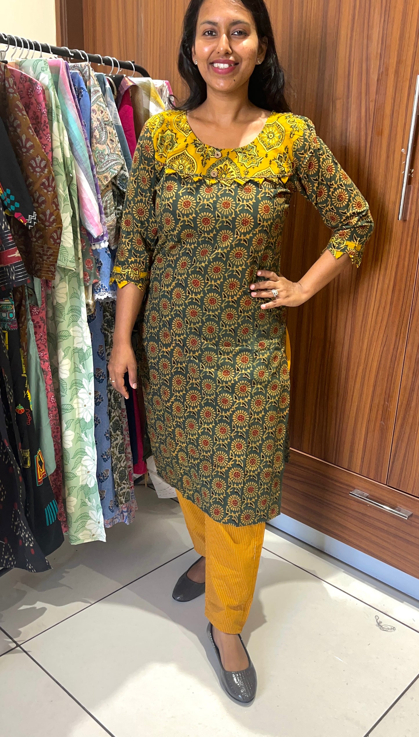 Green and Mustard Ajrakh Print Kurta with Applique Cut Work Kurta Pant Set