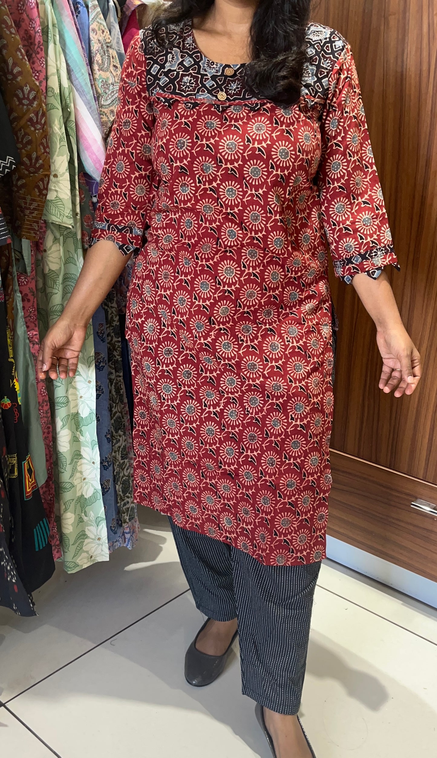 Red and Black Ajrakh Print Kurta with Applique Cut Work Kurta Pant Set