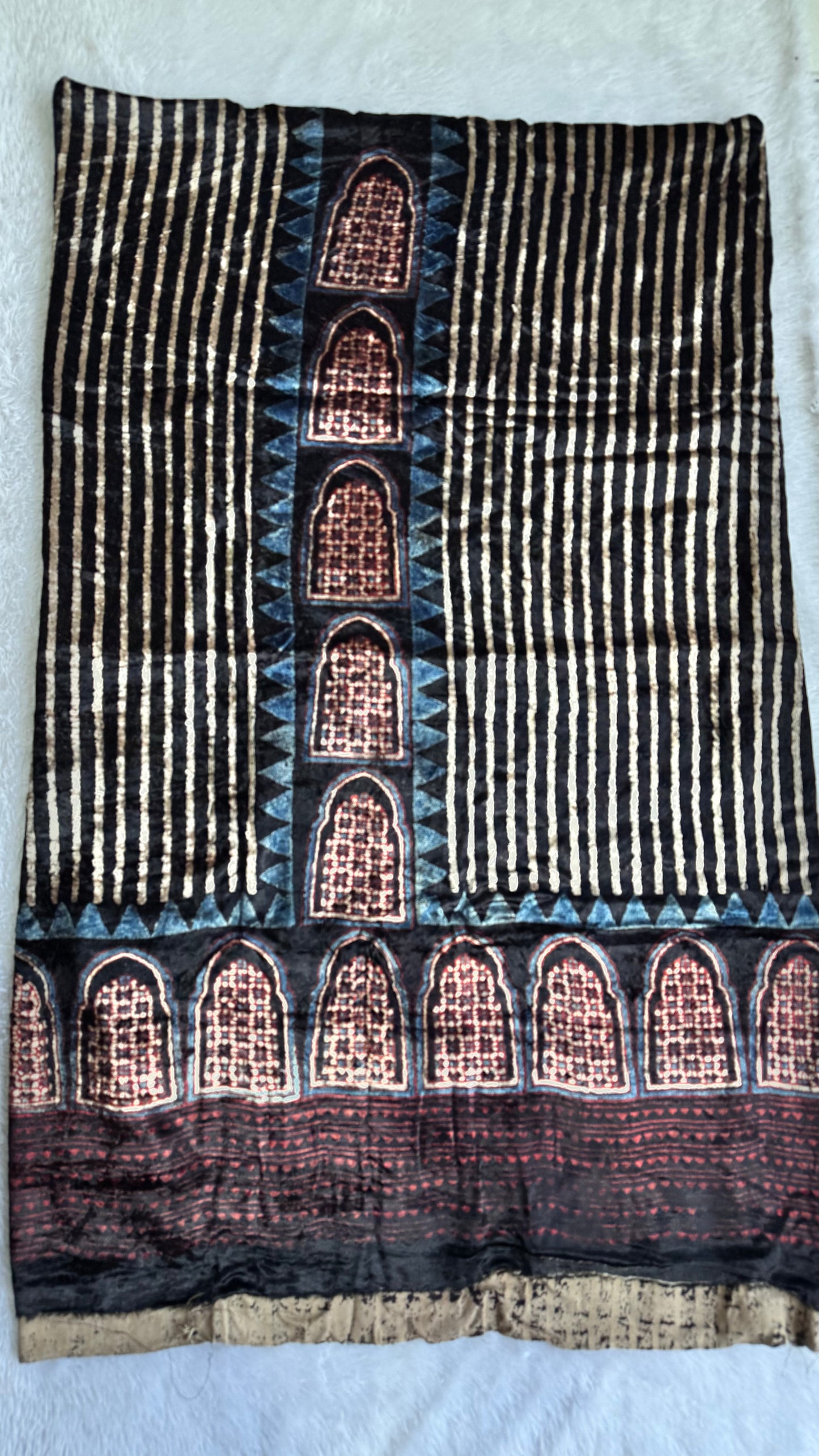 Black Jharokha Buta Velvet Fabric Ajrakh Hand Block Print Designer Unstitched Fabric (Kurta Only)