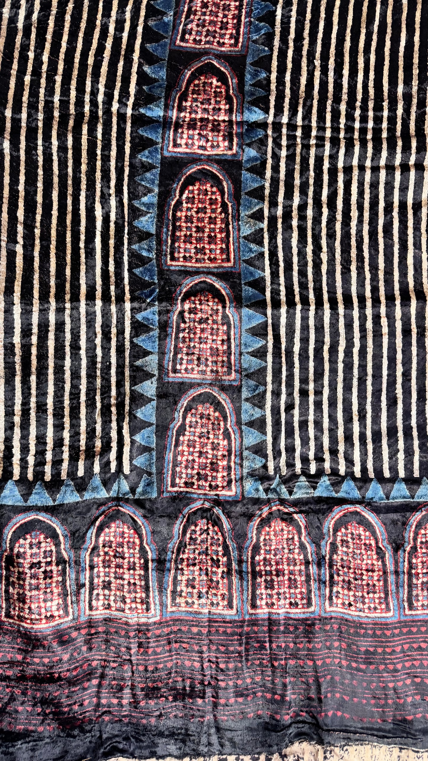 Black Jharokha Buta Velvet Fabric Ajrakh Hand Block Print Designer Unstitched Fabric (Kurta Only)