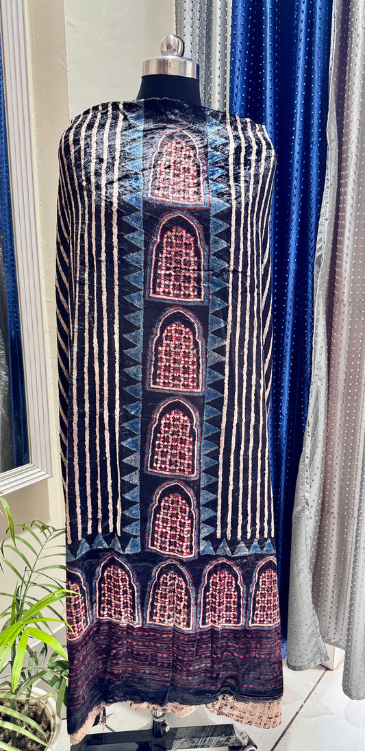 Black Jharokha Buta Velvet Fabric Ajrakh Hand Block Print Designer Unstitched Fabric (Kurta Only)