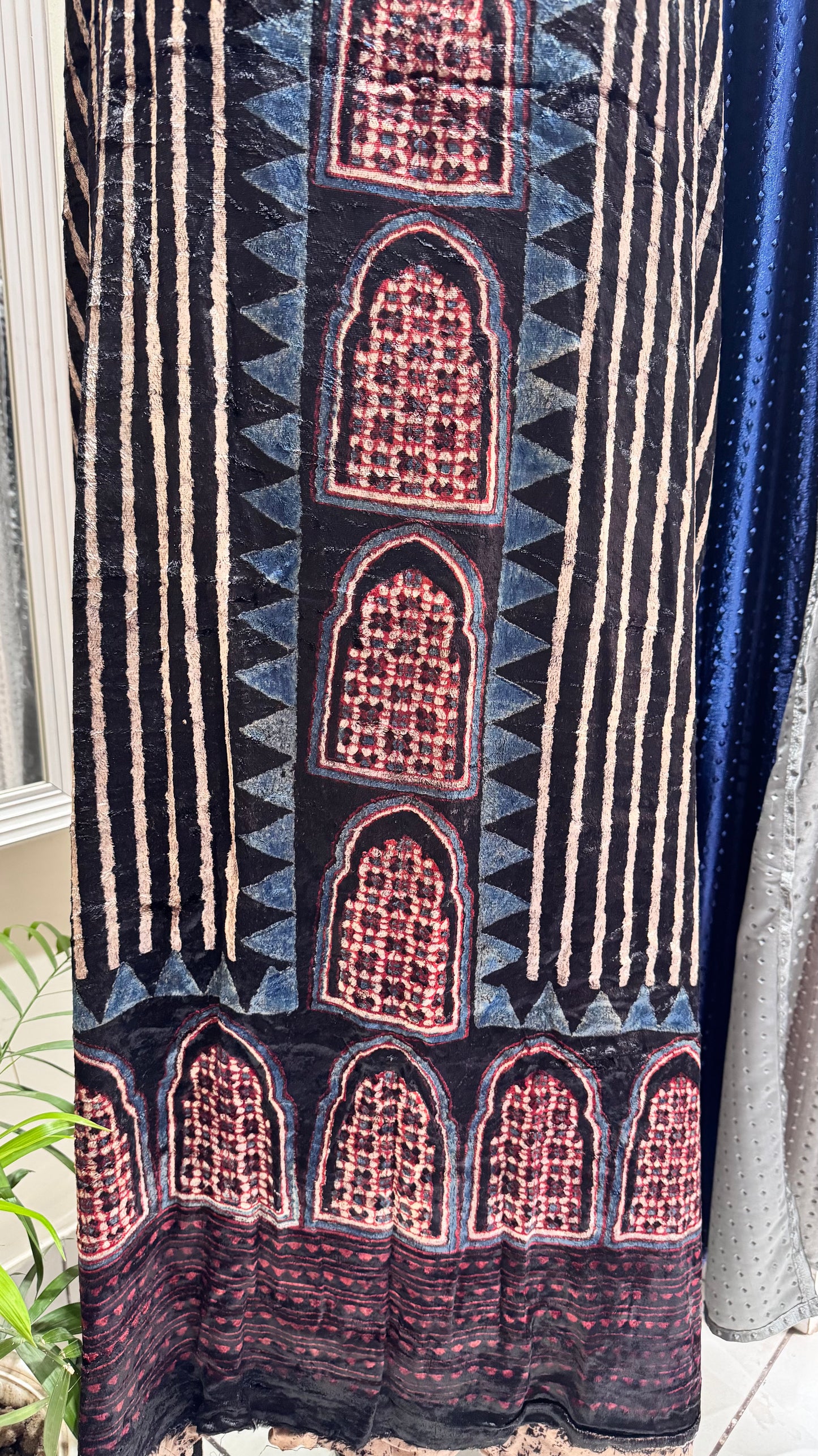 Black Jharokha Buta Velvet Fabric Ajrakh Hand Block Print Designer Unstitched Fabric (Kurta Only)