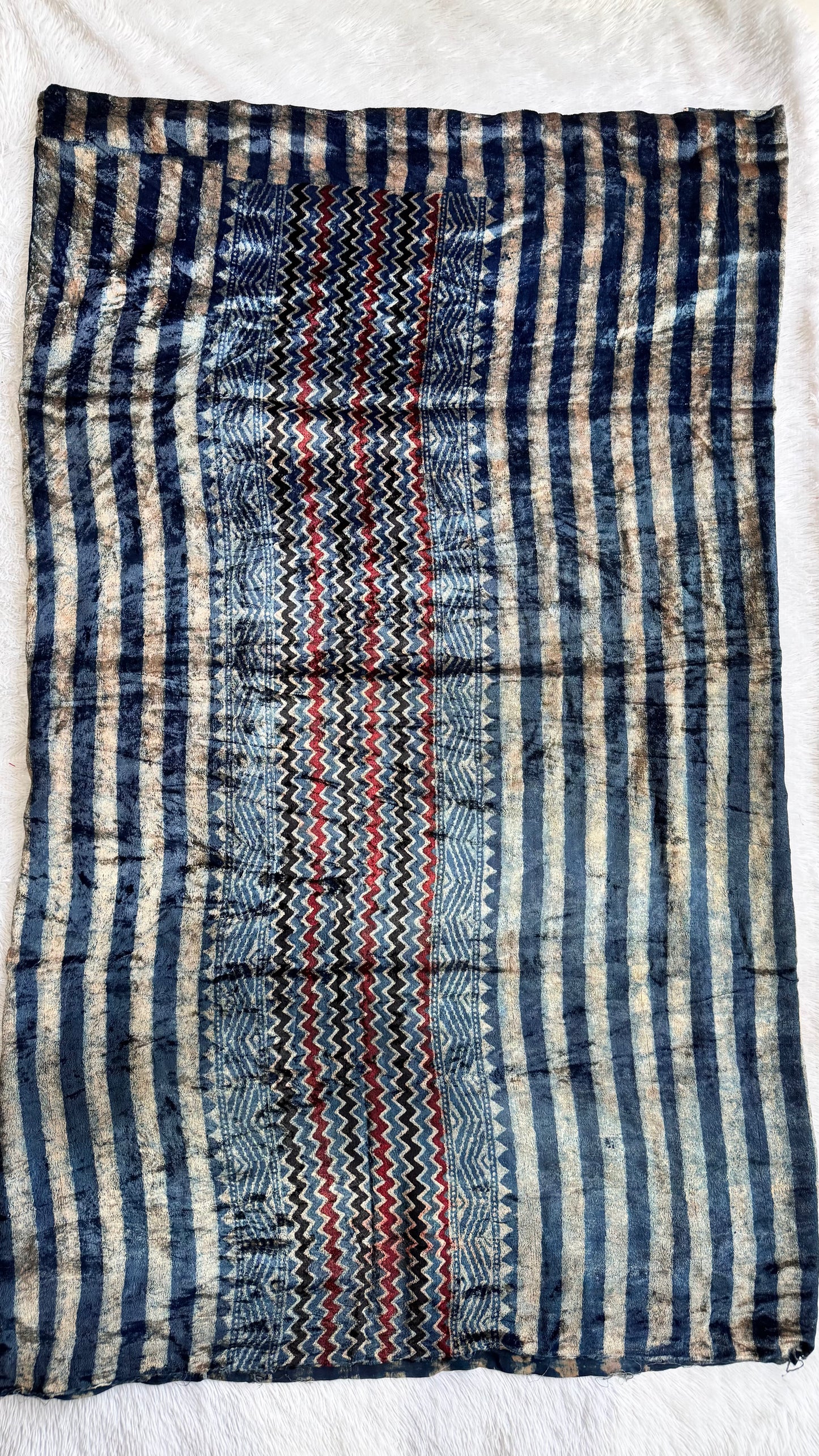 Blue Dhari Buta Velvet Fabric Ajrakh Hand Block Print Designer Unstitched Fabric (Kurta Only)