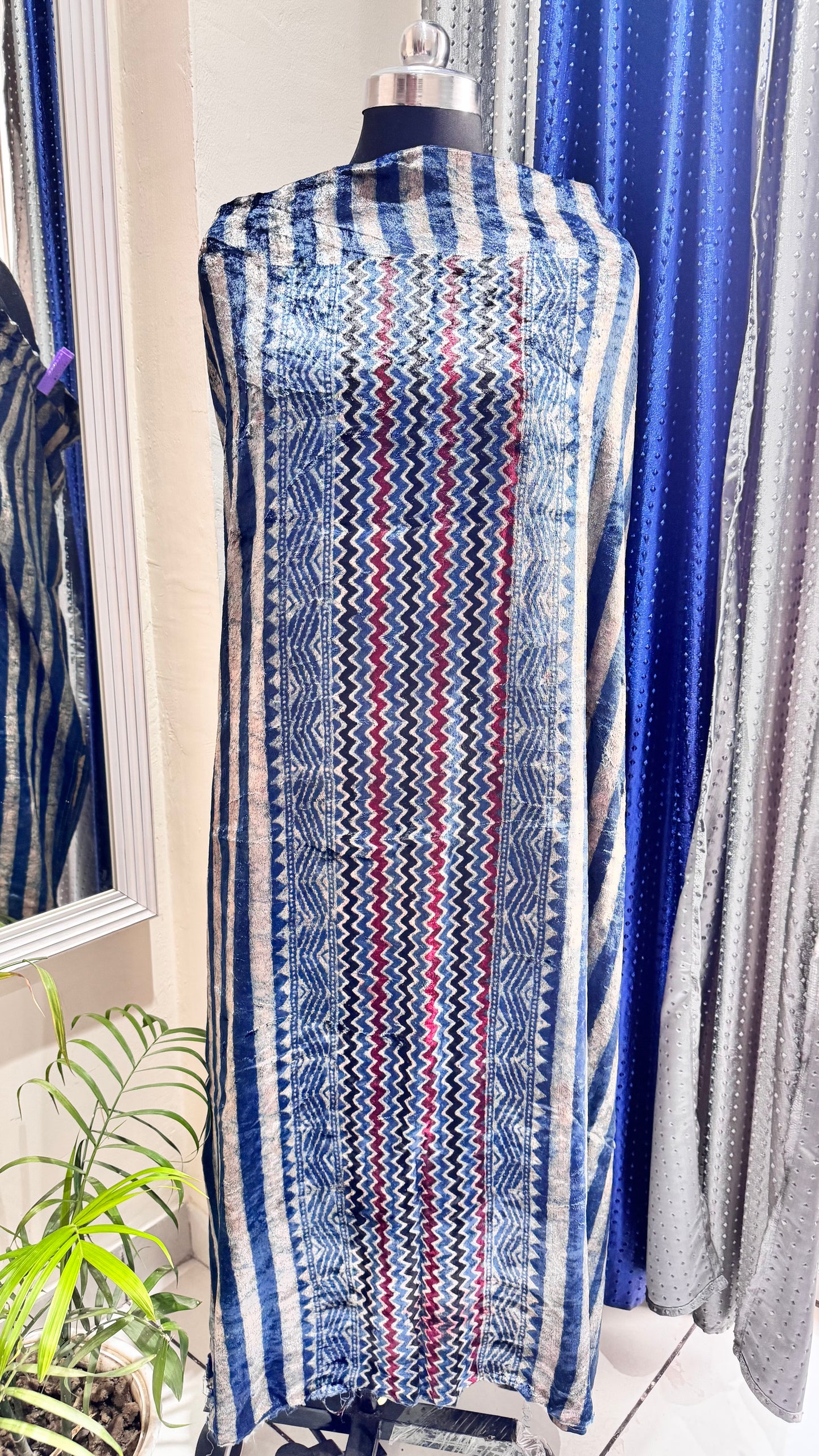 Blue Dhari Buta Velvet Fabric Ajrakh Hand Block Print Designer Unstitched Fabric (Kurta Only)