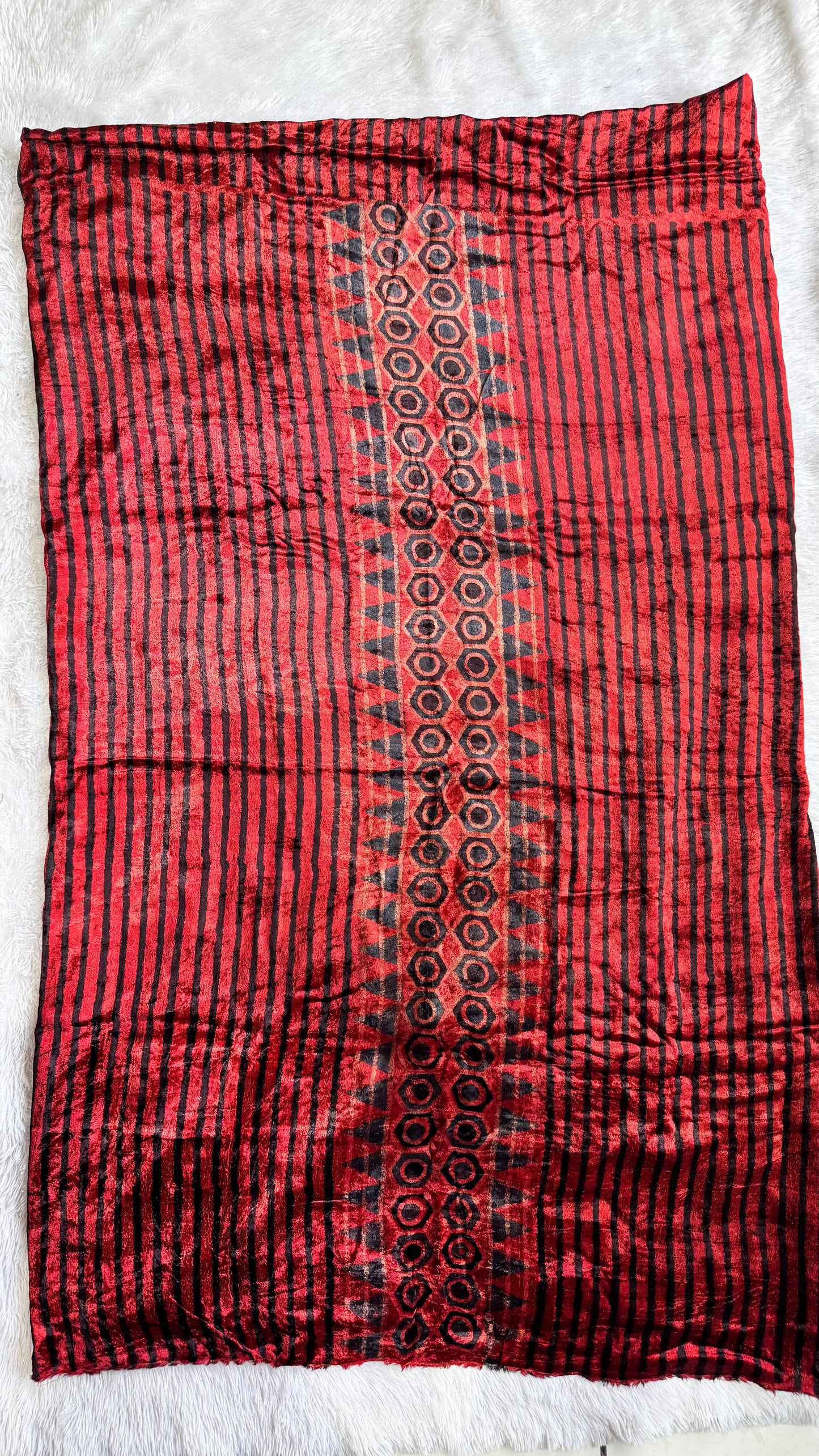 Red Dhari Buta Velvet Fabric Ajrakh Hand Block Print Designer Unstitched Fabric (Kurta Only)