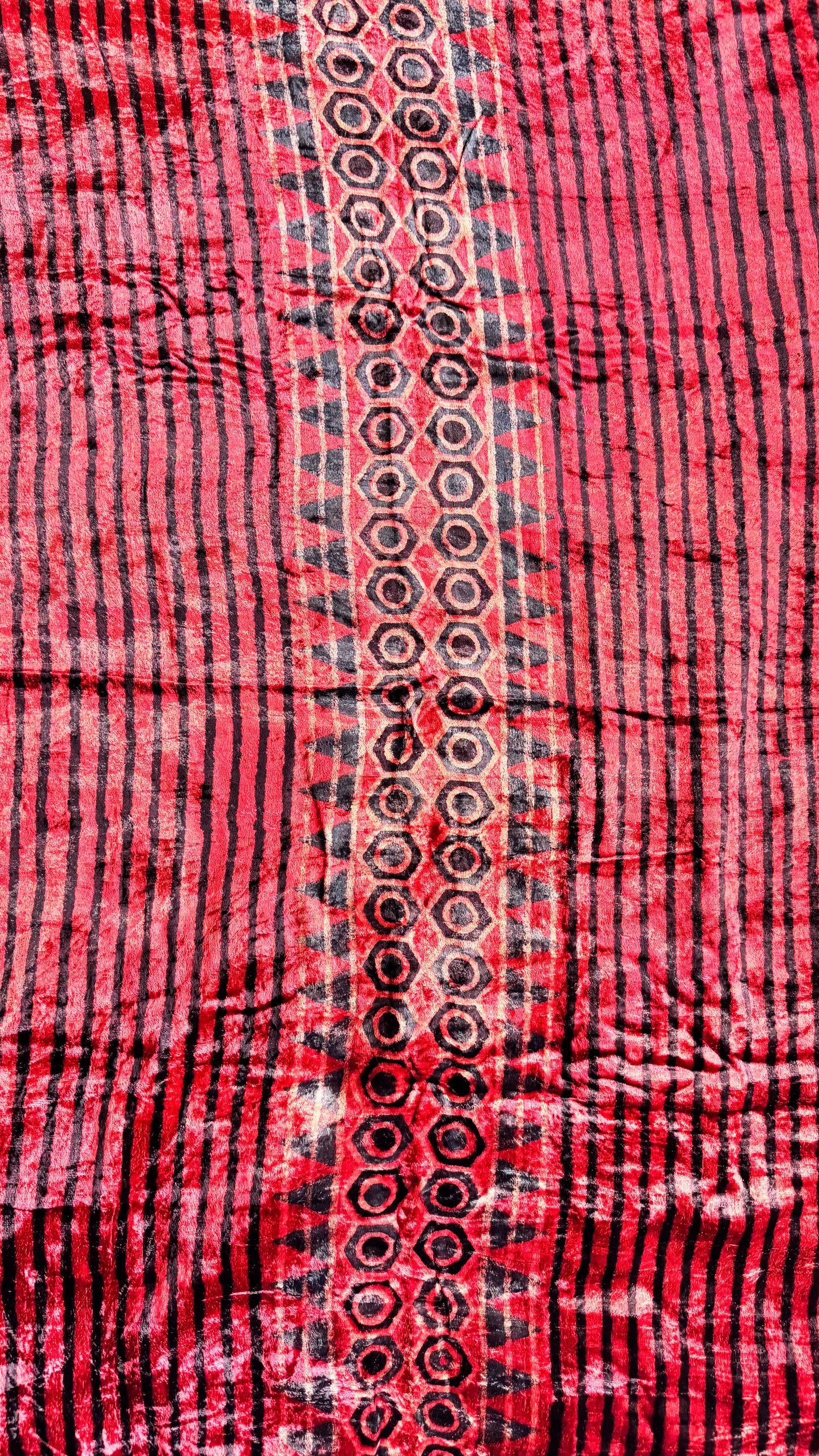 Red Dhari Buta Velvet Fabric Ajrakh Hand Block Print Designer Unstitched Fabric (Kurta Only)