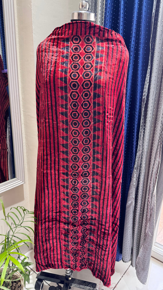 Red Dhari Buta Velvet Fabric Ajrakh Hand Block Print Designer Unstitched Fabric (Kurta Only)