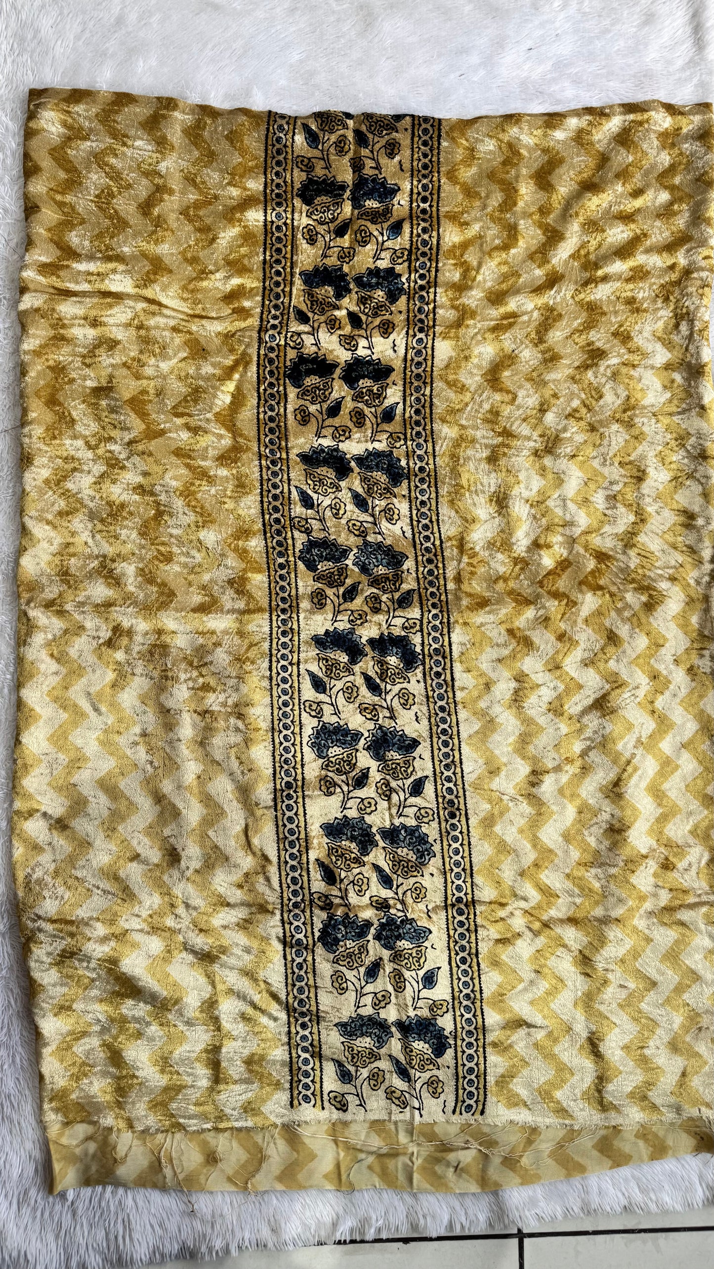 Yellow Dhari Buta Velvet Fabric Ajrakh Hand Block Print Designer Unstitched Fabric (Kurta Only)