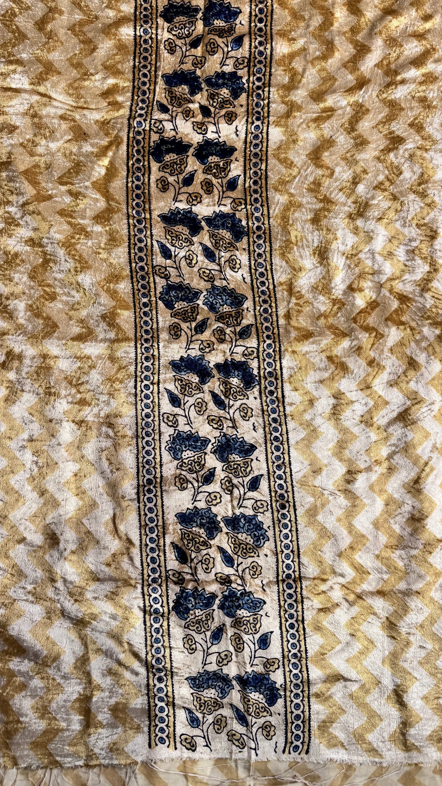 Yellow Dhari Buta Velvet Fabric Ajrakh Hand Block Print Designer Unstitched Fabric (Kurta Only)