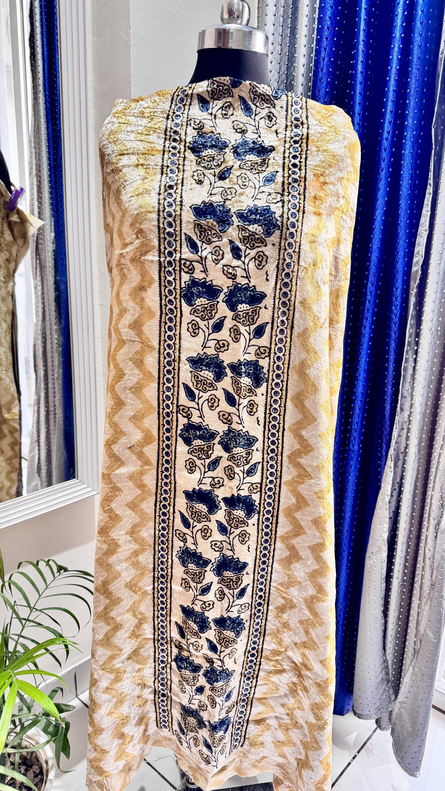 Yellow Dhari Buta Velvet Fabric Ajrakh Hand Block Print Designer Unstitched Fabric (Kurta Only)