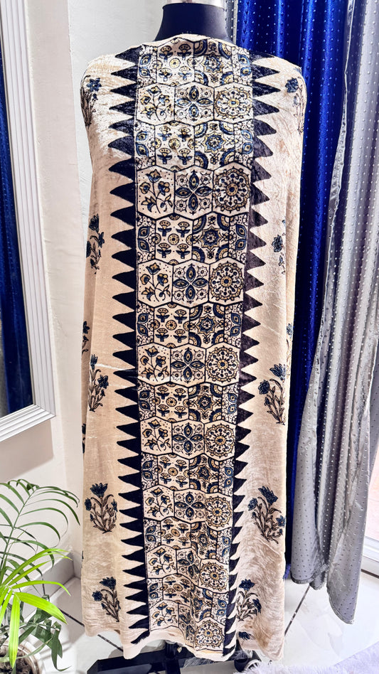 Offwhite Mughal  Buta Velvet Fabric Ajrakh Hand Block Print Designer Unstitched Fabric (Kurta Only)