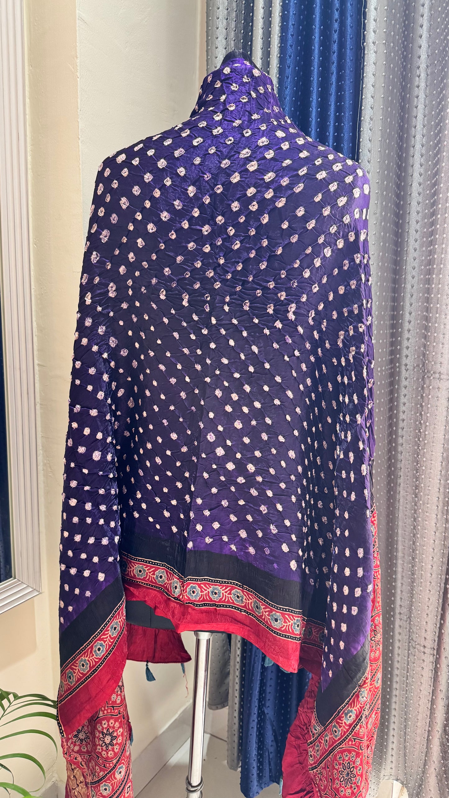 Purple Multi Dotted Modal Silk Bandhani Ajrakh Lagdi Patti Dupatta