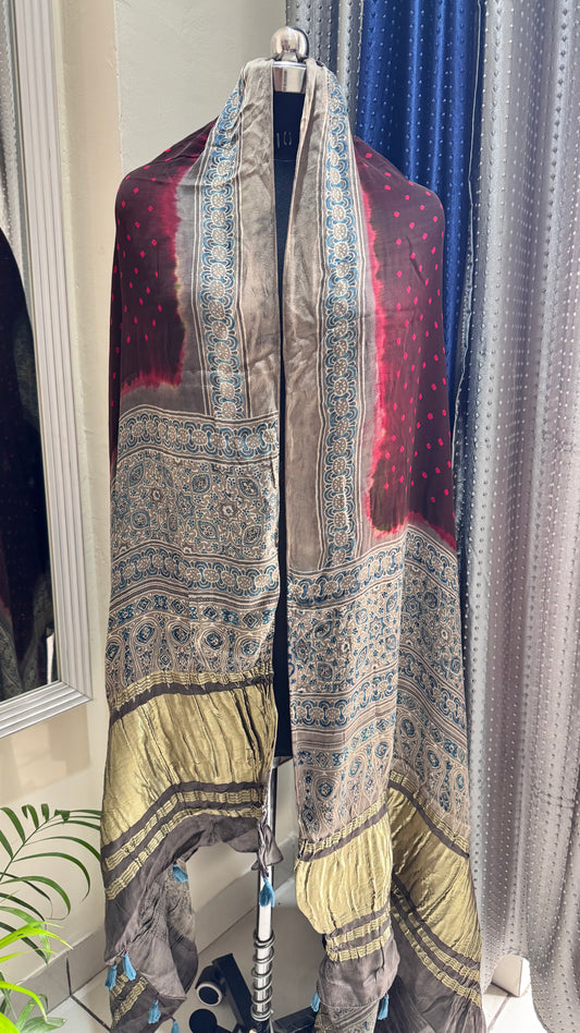 Maroon and Grey Multi Dotted Modal Silk Bandhani Ajrakh Lagdi Patti Dupatta