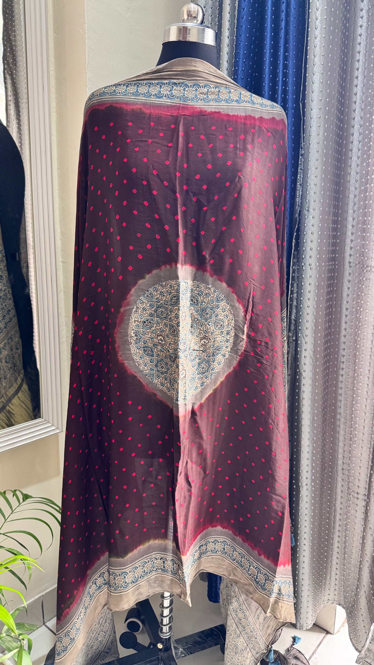 Maroon and Grey Multi Dotted Modal Silk Bandhani Ajrakh Lagdi Patti Dupatta