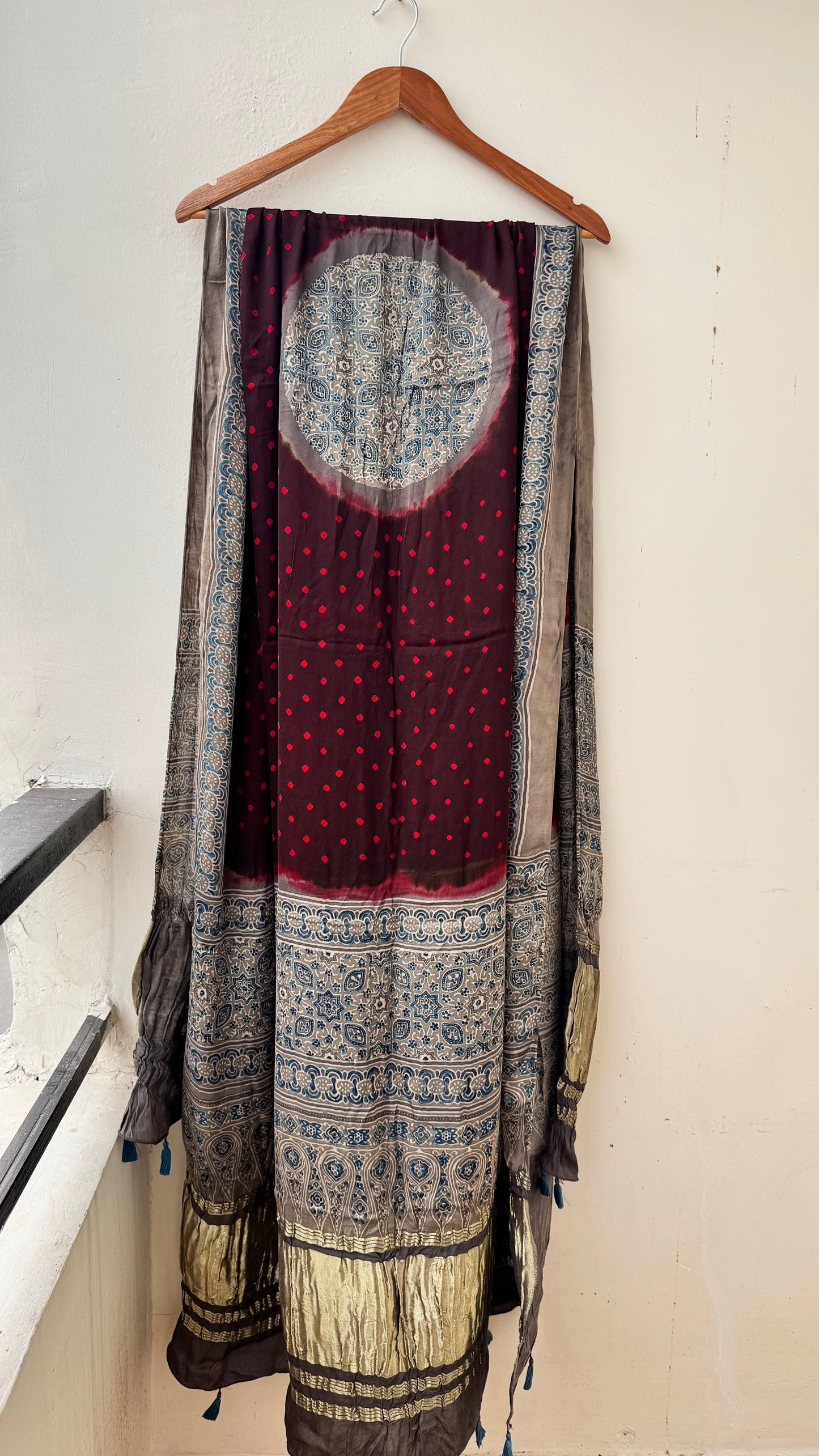 Maroon and Grey Multi Dotted Modal Silk Bandhani Ajrakh Lagdi Patti Dupatta