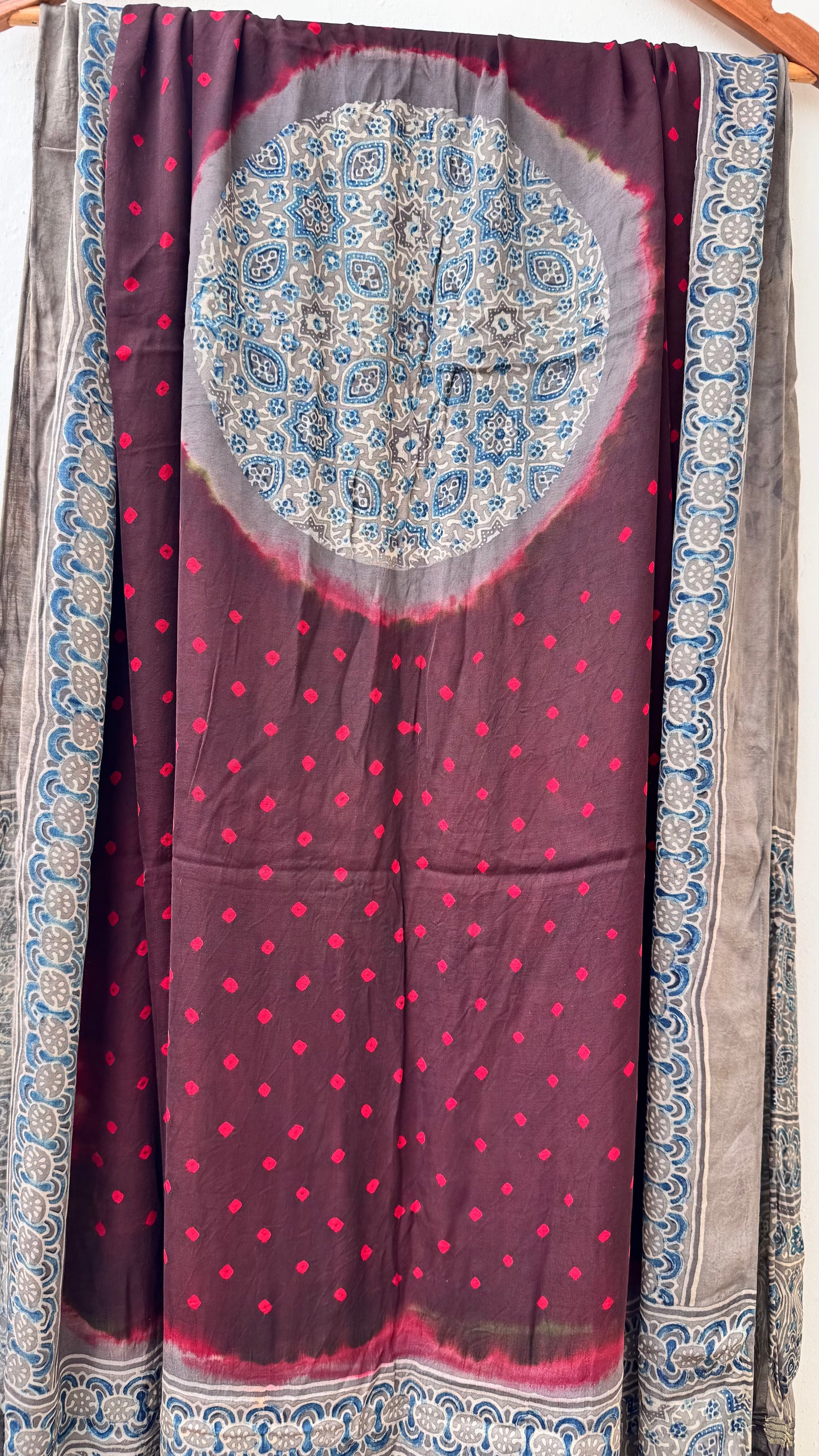 Maroon and Grey Multi Dotted Modal Silk Bandhani Ajrakh Lagdi Patti Dupatta