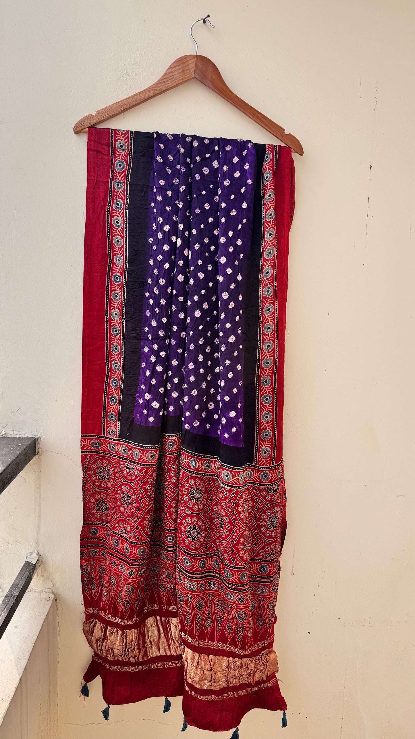 Purple Multi Dotted Modal Silk Bandhani Ajrakh Lagdi Patti Dupatta