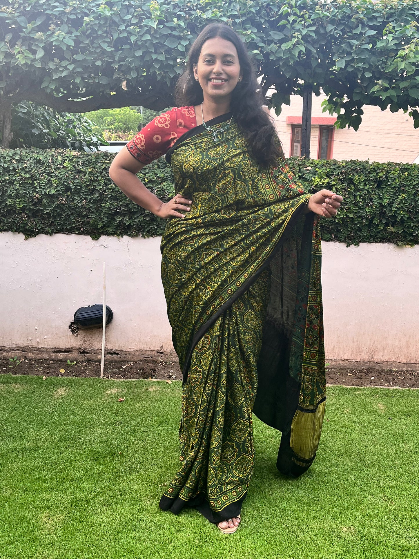 Green Badaam Buti Design Ajrakh Hand Block Tissue Pallu Modal Silk Saree With Blouse
