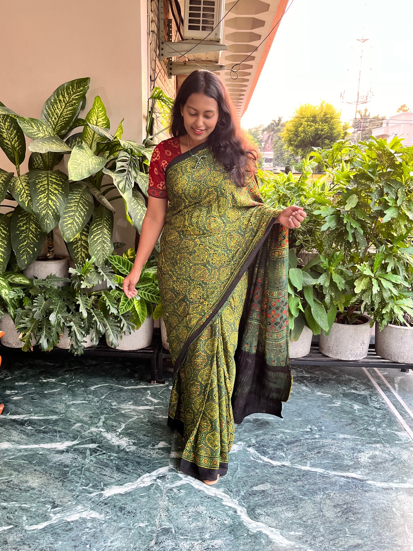 Green Badaam Buti Design Ajrakh Hand Block Tissue Pallu Modal Silk Saree With Blouse