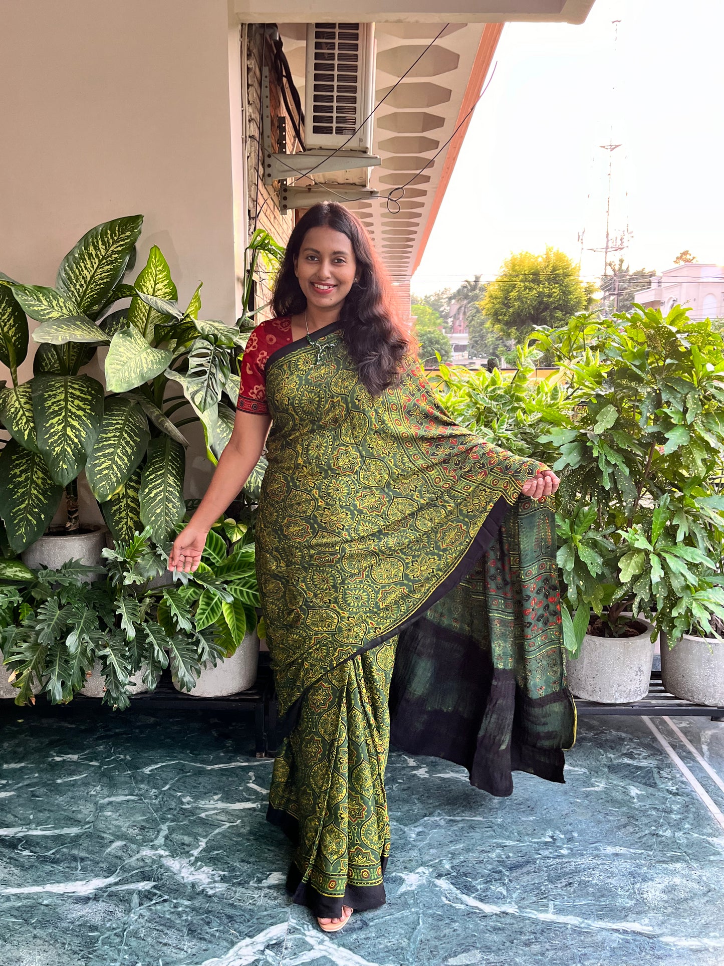 Green Badaam Buti Design Ajrakh Hand Block Tissue Pallu Modal Silk Saree With Blouse