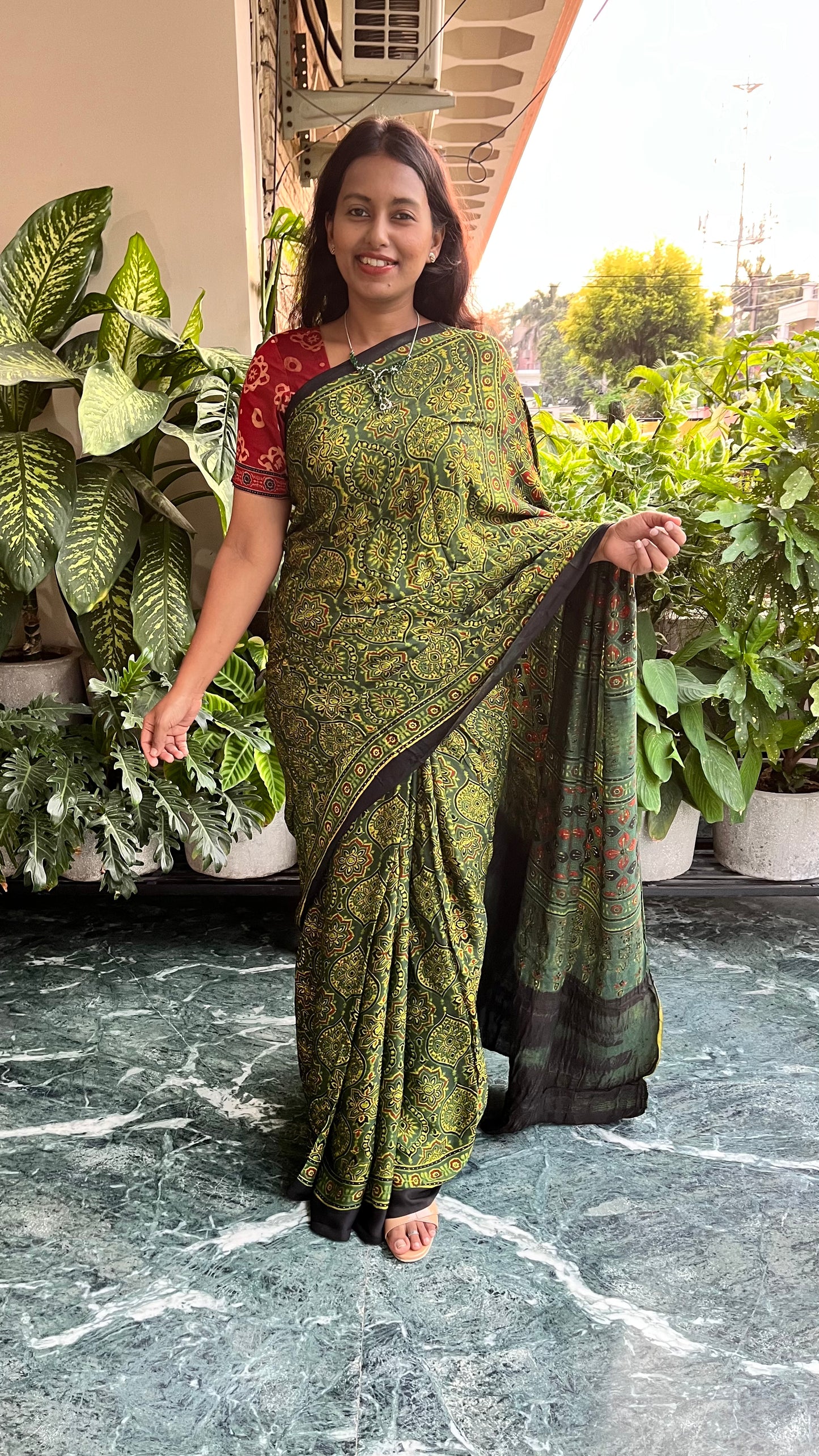 Green Badaam Buti Design Ajrakh Hand Block Tissue Pallu Modal Silk Saree With Blouse