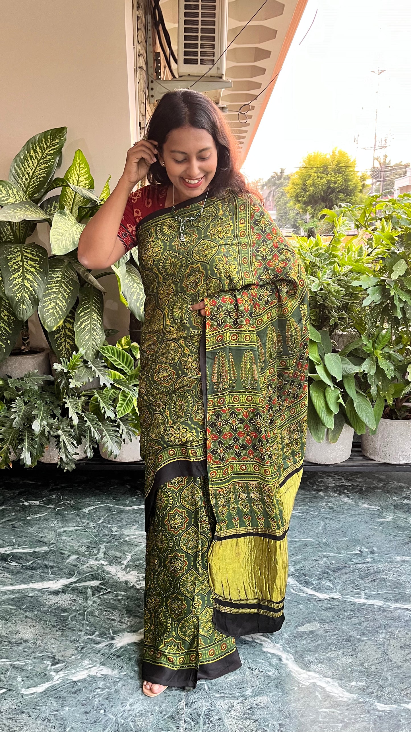 Green Badaam Buti Design Ajrakh Hand Block Tissue Pallu Modal Silk Saree With Blouse