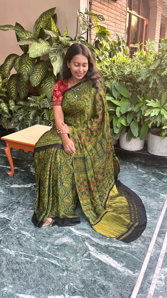 Green Badaam Buti Design Ajrakh Hand Block Tissue Pallu Modal Silk Saree With Blouse