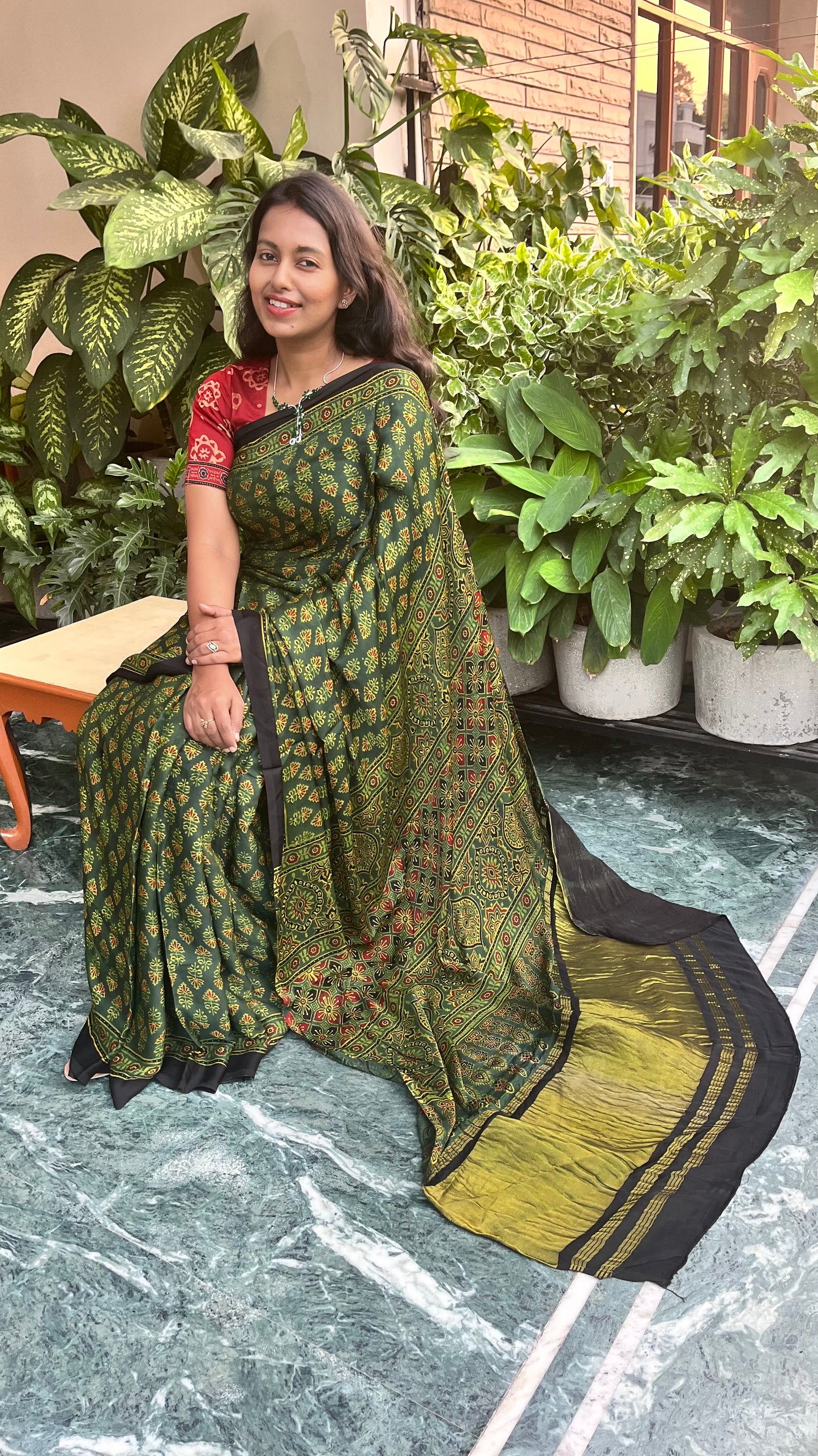 Forest Green Small Booti Ajrakh Hand Block Natural Dye Modal Silk Lagdi Patti Saree With Blouse