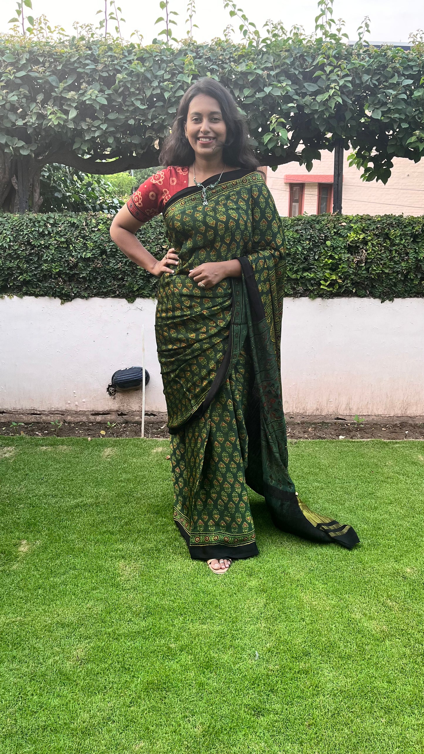 Forest Green Small Booti Ajrakh Hand Block Natural Dye Modal Silk Lagdi Patti Saree With Blouse