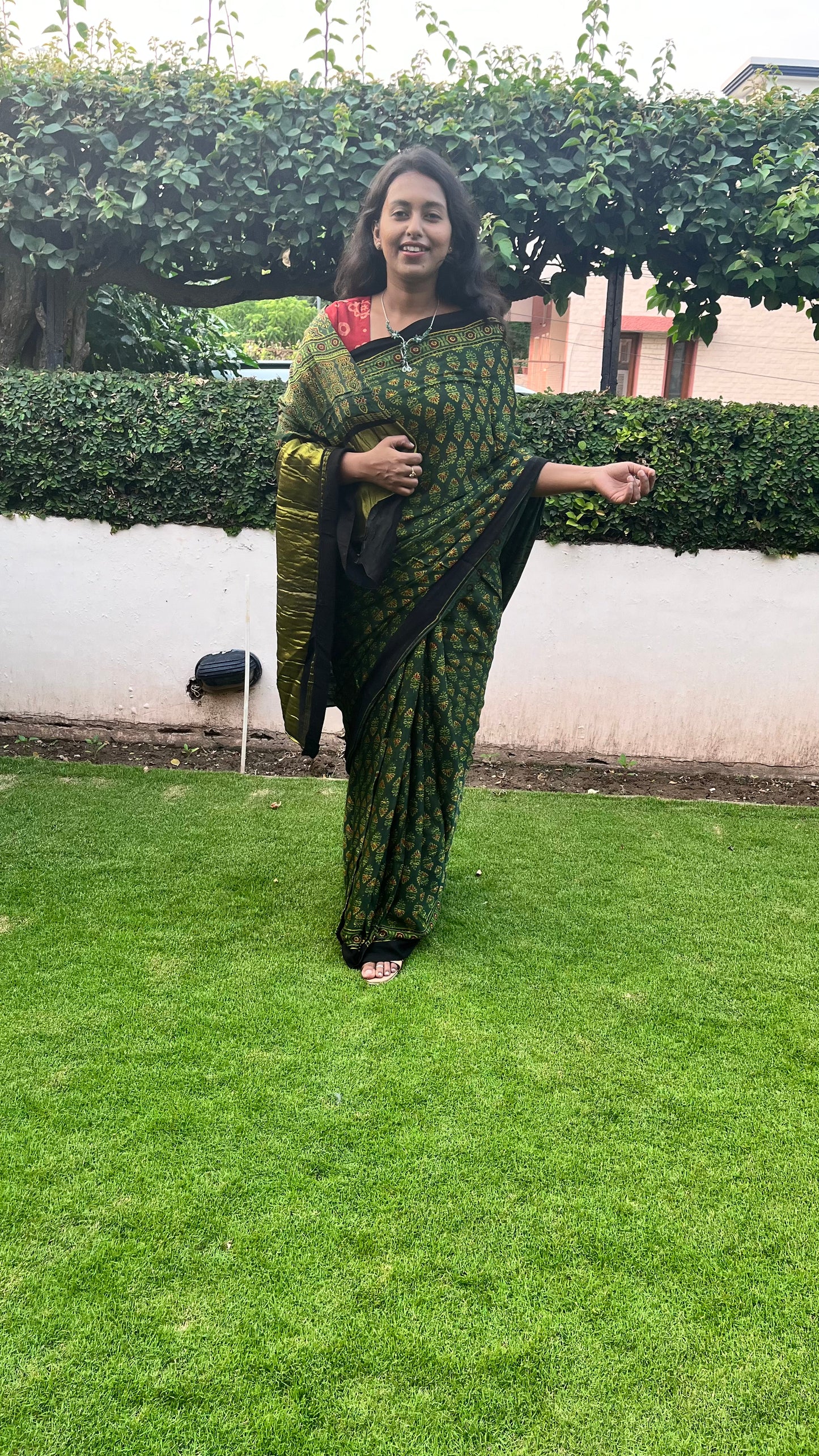 Forest Green Small Booti Ajrakh Hand Block Natural Dye Modal Silk Lagdi Patti Saree With Blouse