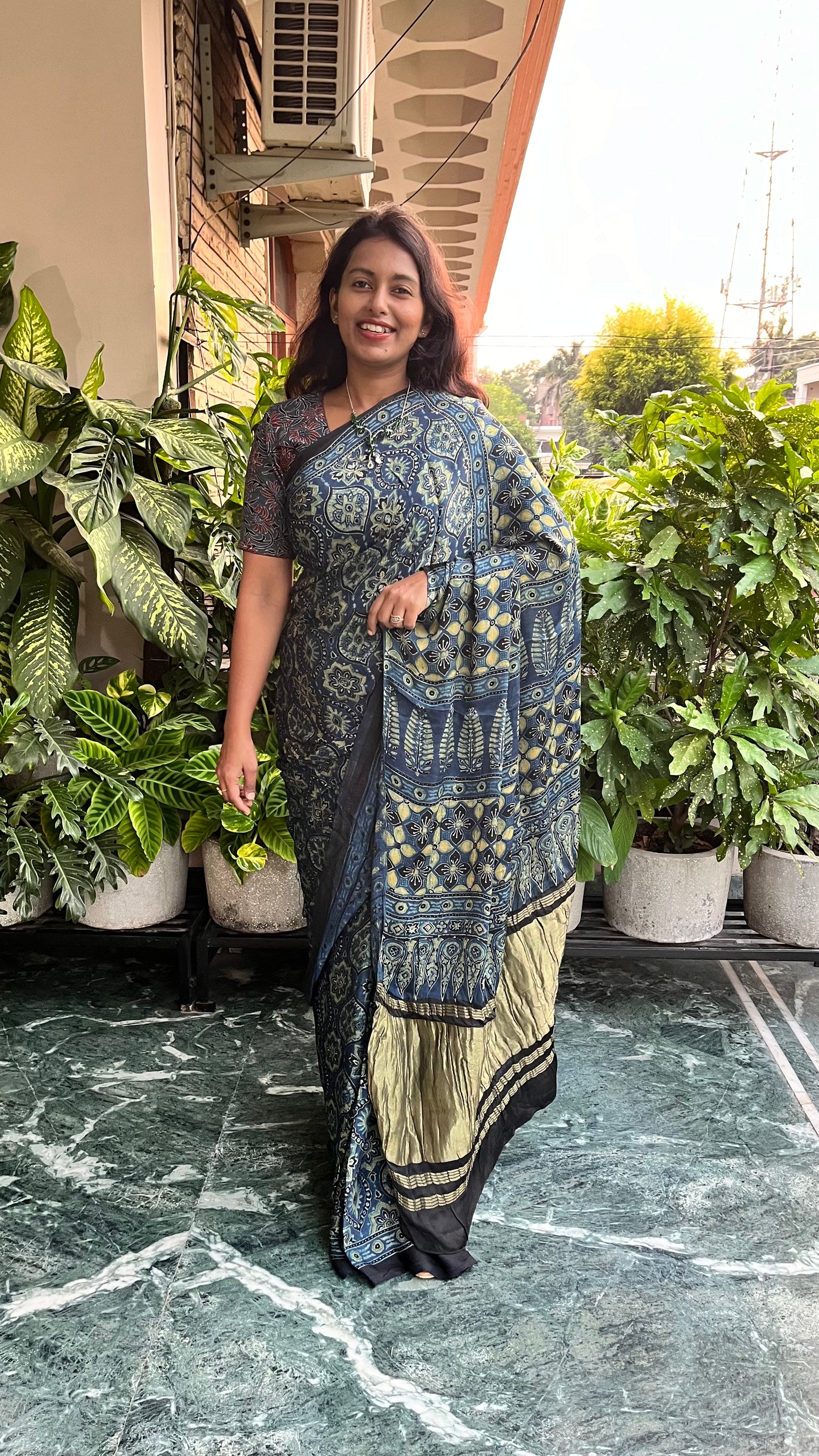 Blue Badaam Buti Design Ajrakh Hand Block Tissue Pallu Modal Silk Saree With Blouse