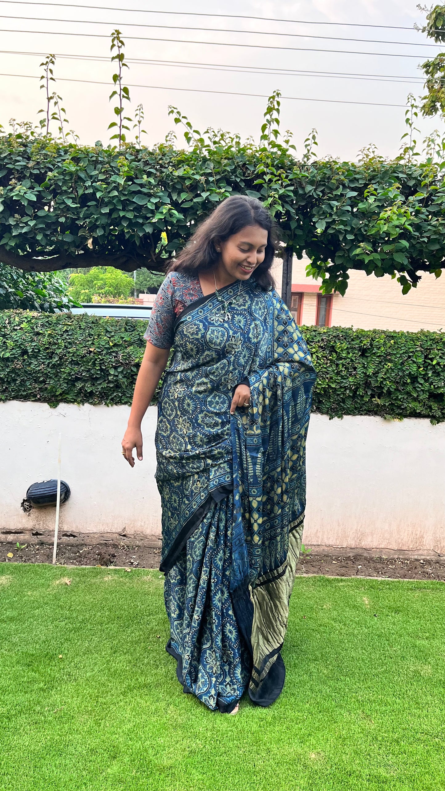 Blue Badaam Buti Design Ajrakh Hand Block Tissue Pallu Modal Silk Saree With Blouse