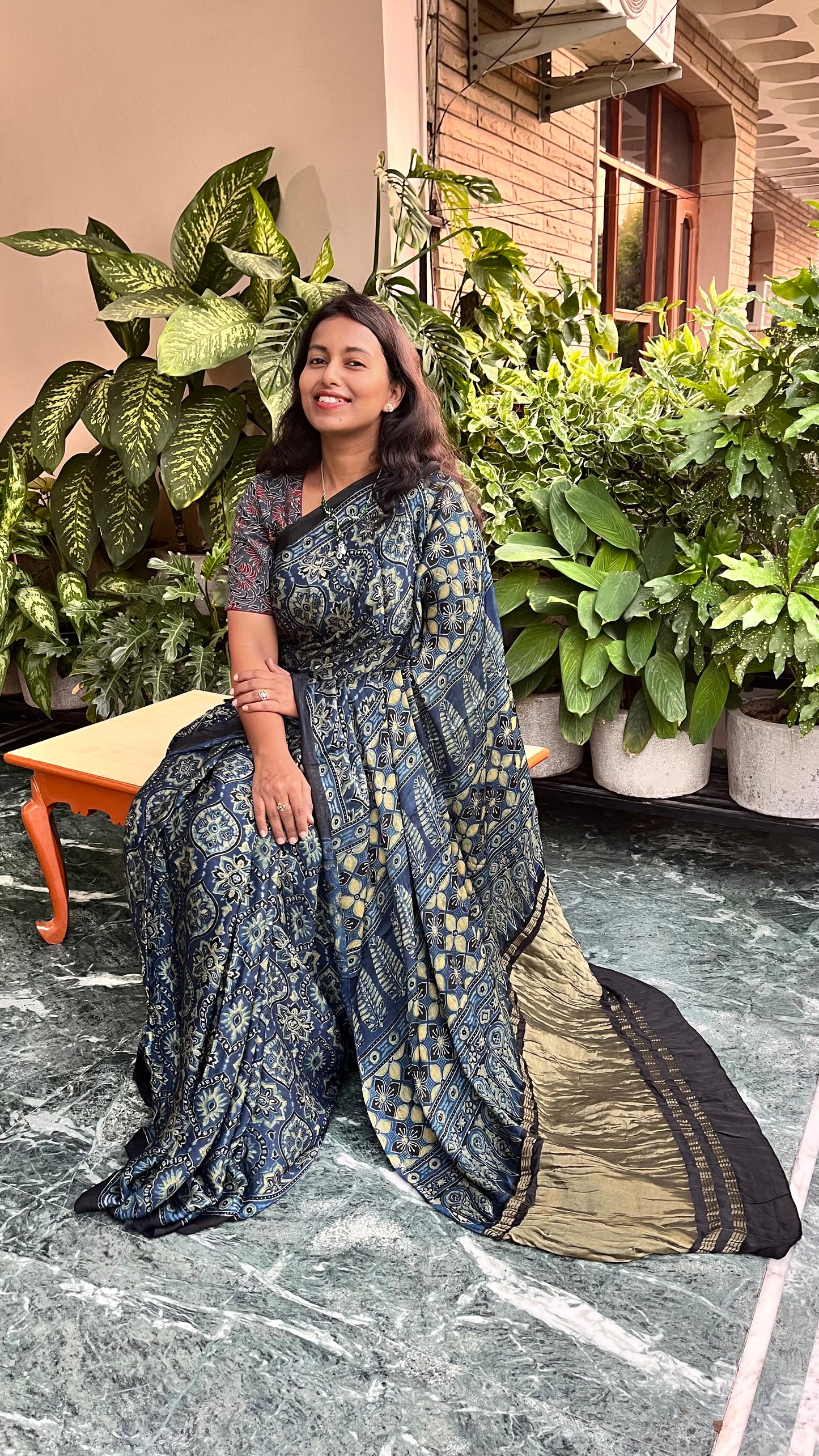 Blue Badaam Buti Design Ajrakh Hand Block Tissue Pallu Modal Silk Saree With Blouse
