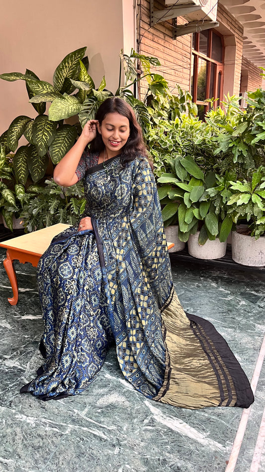 Blue Badaam Buti Design Ajrakh Hand Block Tissue Pallu Modal Silk Saree With Blouse