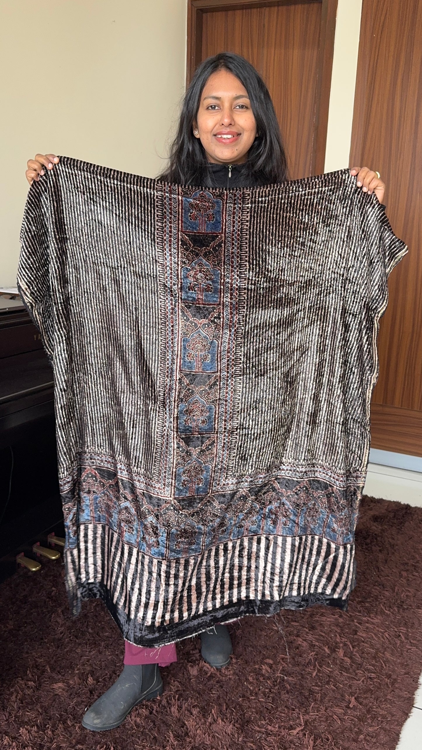 Black Stripes Buta Velvet Fabric Ajrakh Hand Block Print Designer Unstitched Fabric (Kurta Only)