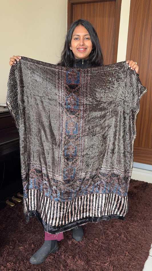 Black Stripes Buta Velvet Fabric Ajrakh Hand Block Print Designer Unstitched Fabric (Kurta Only)