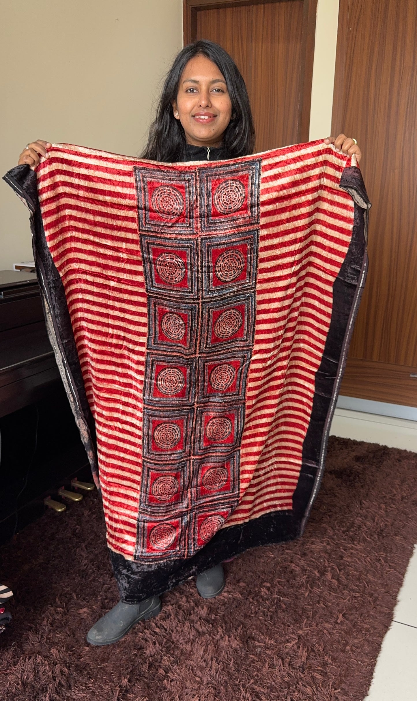 Red Stripes Buta Velvet Fabric Ajrakh Hand Block Print Designer Unstitched Fabric (Kurta Only)