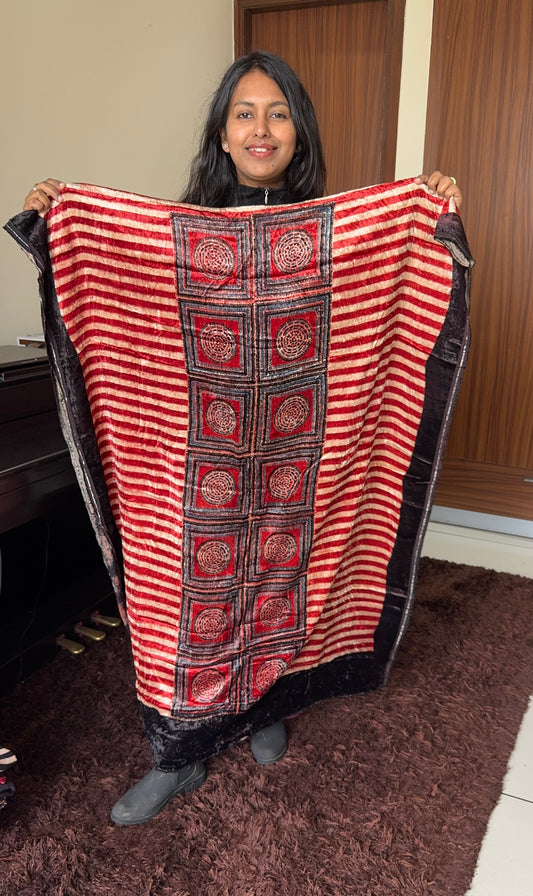 Red Stripes Buta Velvet Fabric Ajrakh Hand Block Print Designer Unstitched Fabric (Kurta Only)