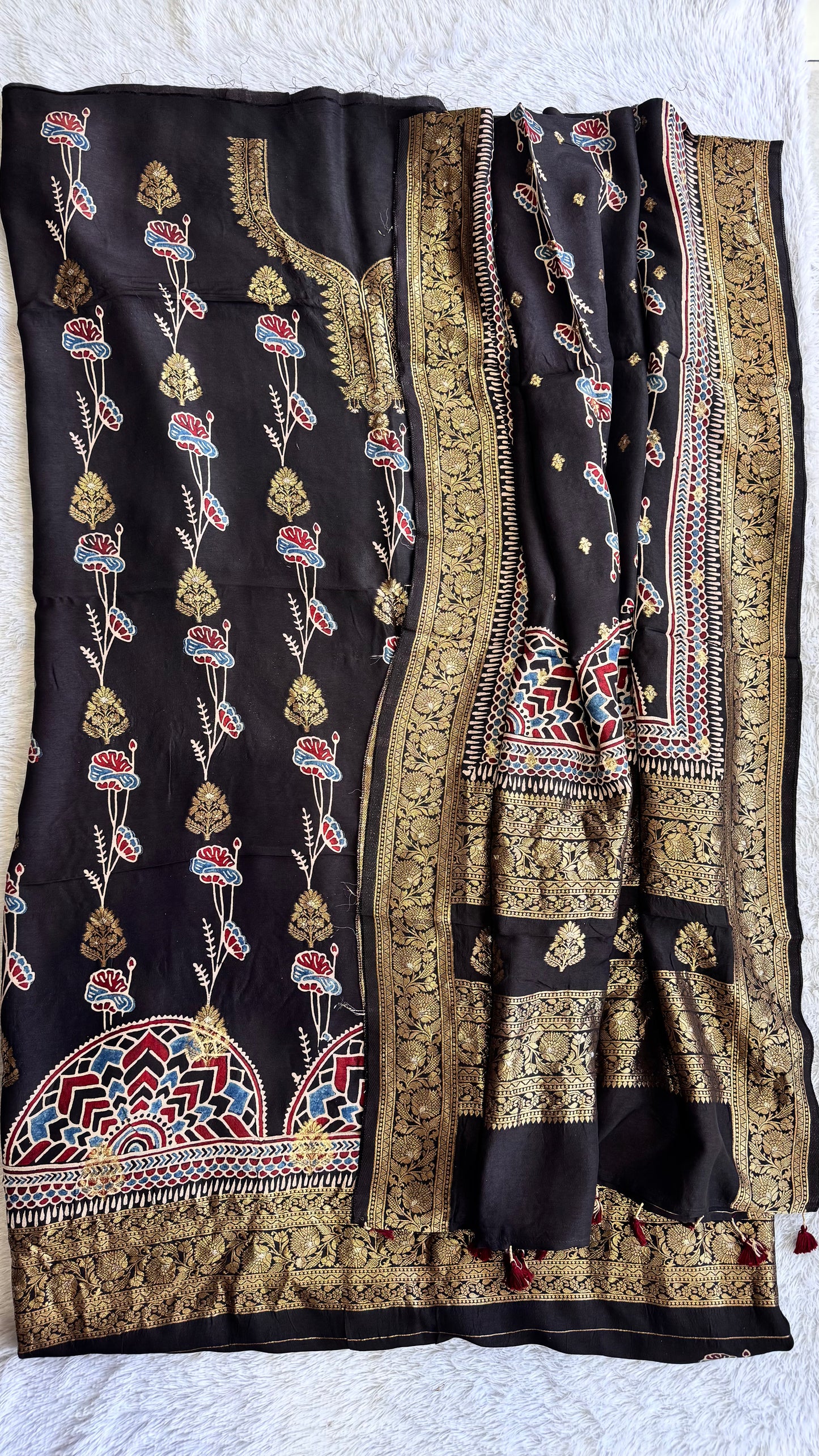 Black Marigold Boota  Pure Dola Silk Ajrakh Hand Block Print 2pc Suit Material Set with Zari Yoke and Nakkashi Dupatta