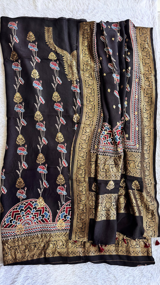 Black Marigold Boota  Pure Dola Silk Ajrakh Hand Block Print 2pc Suit Material Set with Zari Yoke and Nakkashi Dupatta